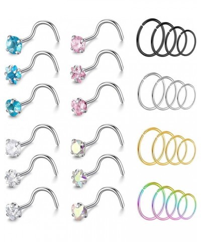 9-12PCS 20g Surgical Stainless Steel Nose Stud Ring Piercing Nose Bone/L Shaped/Nose Screws Rings Set D:12pcs Nose Screws+16p...