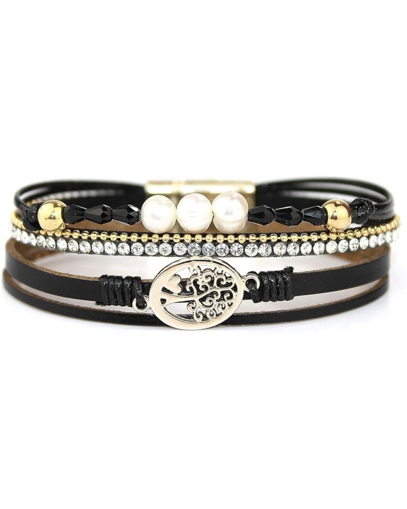 Multilayer Leather Wrap Bracelet Boho Leather Cuff Bangle Bracelet for Women Tree of Life/Pearl- Black $9.68 Bracelets