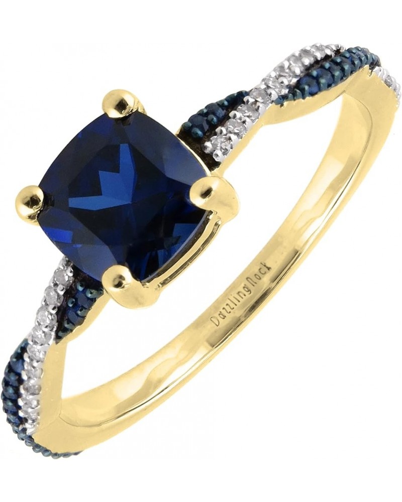 6 MM Cushion Lab Created Gemstone with Round Blue Sapphire & Diamond Ladies Engagement Ring | 14K Yellow Gold Lab Created Blu...