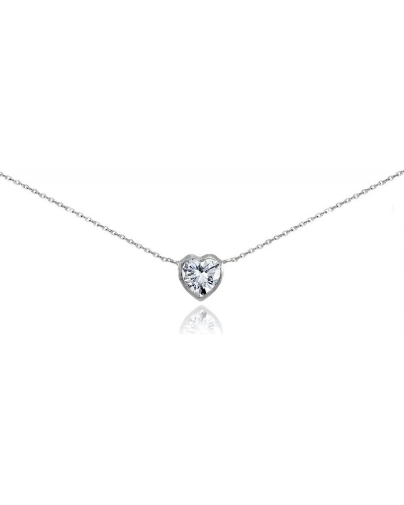 Heart Necklace Sterling Silver Cubic Zirconia Bezel-Set Heart CZ Pendant Necklace for Women Girls Travel Jewelry, 16-18 Icnhe...