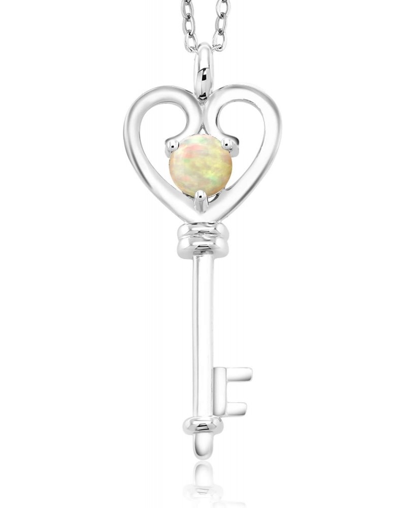 925 Sterling Silver Round Cabochon White Ethiopian Opal Heart Shape Key Pendant Necklace For Women (0.50 Cttw, With 18 Inch S...