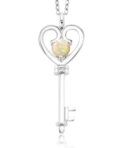 925 Sterling Silver Round Cabochon White Ethiopian Opal Heart Shape Key Pendant Necklace For Women (0.50 Cttw, With 18 Inch S...