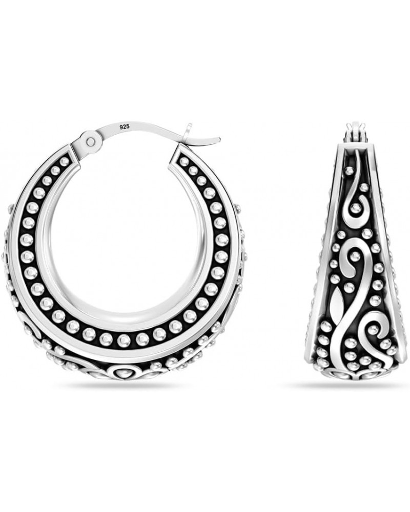 925 Sterling Silver Filigree Hoop Earrings Antique Oxidized Small Click-Top Italian Filigree Hoops Earring for Women Beaded F...