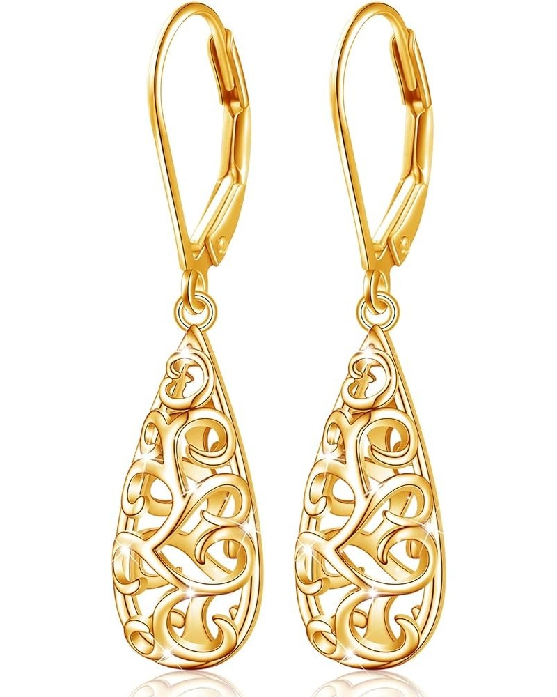 Teardrop Filigree Dangle Drop Leverback Earrings Sterling Silver Jewelry Gifts for Women Filigree Teardrop-Yellow Gold Plated...