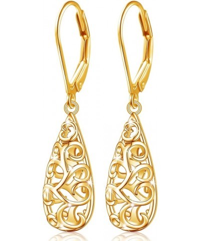 Teardrop Filigree Dangle Drop Leverback Earrings Sterling Silver Jewelry Gifts for Women Filigree Teardrop-Yellow Gold Plated...