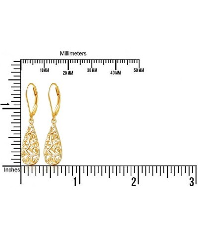 Teardrop Filigree Dangle Drop Leverback Earrings Sterling Silver Jewelry Gifts for Women Filigree Teardrop-Yellow Gold Plated...