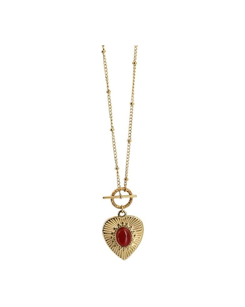 Love Heart Red Agate Pendant Necklace for Women Girls, Retro Vintage Radial Pattern Heart OT Buckle Link Chain Gift for Women...