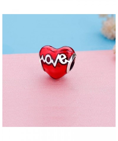 925 Sterling Silver Heartbeat Charm Bead Red Enamel Love Heart Charm Love in My Heart Knot Charm Beads (Love Birthstone Bead ...