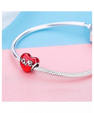 925 Sterling Silver Heartbeat Charm Bead Red Enamel Love Heart Charm Love in My Heart Knot Charm Beads (Love Birthstone Bead ...