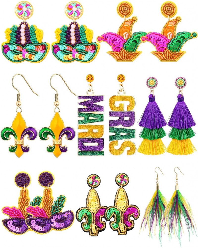 8 Pairs Mardi Gras Earrings for Women Beaded Crown Mask Fleur De Lis Earrings Mardi Gras Accessory Carnival Stud Earrings Set...