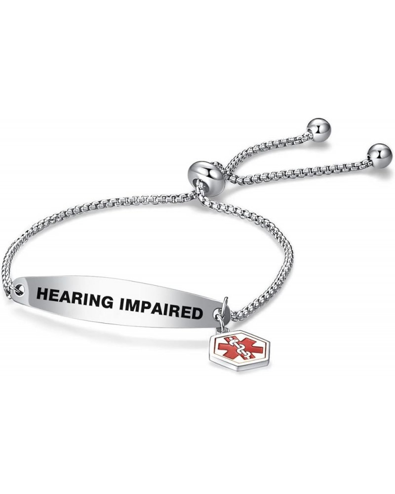 Red Medical Alert ID Bracelet for Women Men Emergency First Aid Engraved Adjustable Stainless Steel Chain Bracelets HEARING I...