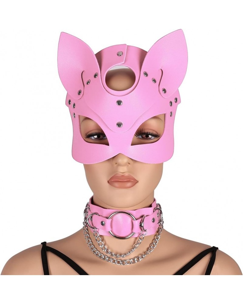 Women's Leather Mask and Metal Chain Necklace for Masquerade Party Punk Carnival Gothic Halloween Accessories Pink $13.10 Bod...