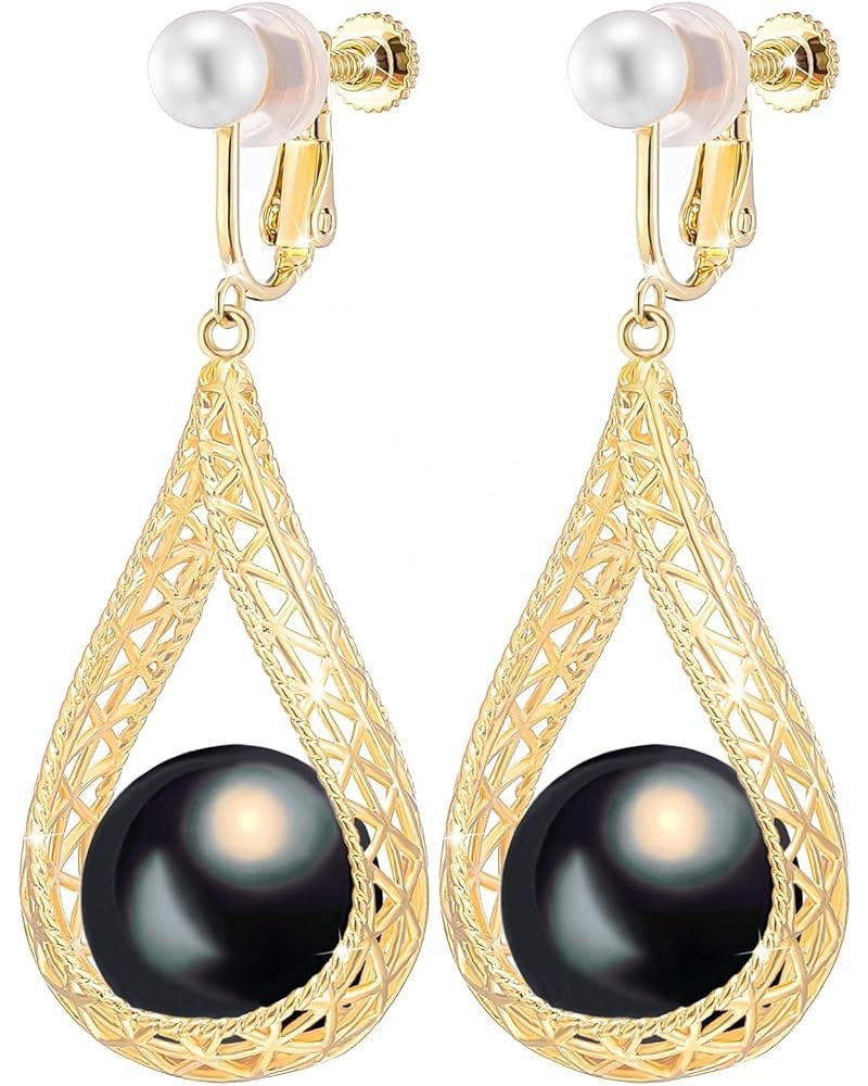 Clip On 14MM Big Pearl Dangle Formal Non Pierced Earrings for Women Costume Jewelry Black-14K Gold $9.64 Earrings