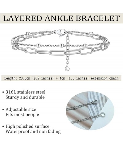 Stainless Steel Layered Ankle Bracelet for Women Teens Cute Butterfly Paperclip Double Heart Evil Eye Anklets Adjustable Beac...