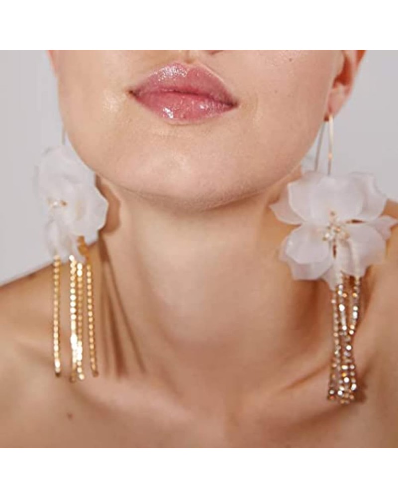 Boho Flower Petal Dangle Drop Earrings Gold Rhinestone Tassel Chain Fringe Acrylic Resin Floral Earrings for Party Wedding Cr...