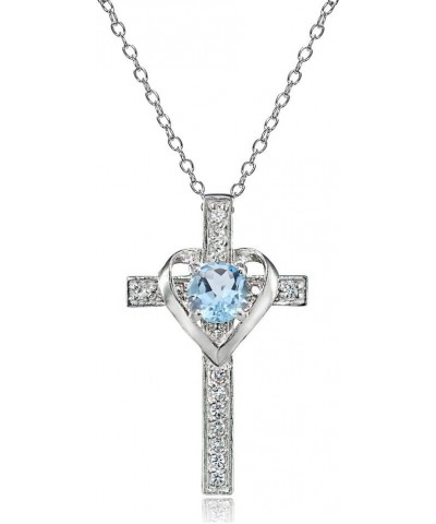 Sterling Silver Genuine or Synthetic Gemstone Heart in Cross Necklace for Women Girls December - Blue Topaz $19.94 Necklaces