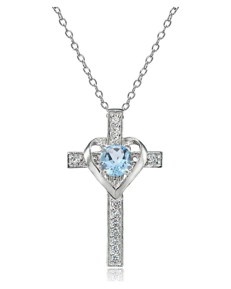 Sterling Silver Genuine or Synthetic Gemstone Heart in Cross Necklace for Women Girls December - Blue Topaz $19.94 Necklaces