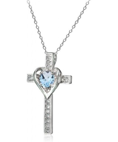 Sterling Silver Genuine or Synthetic Gemstone Heart in Cross Necklace for Women Girls December - Blue Topaz $19.94 Necklaces