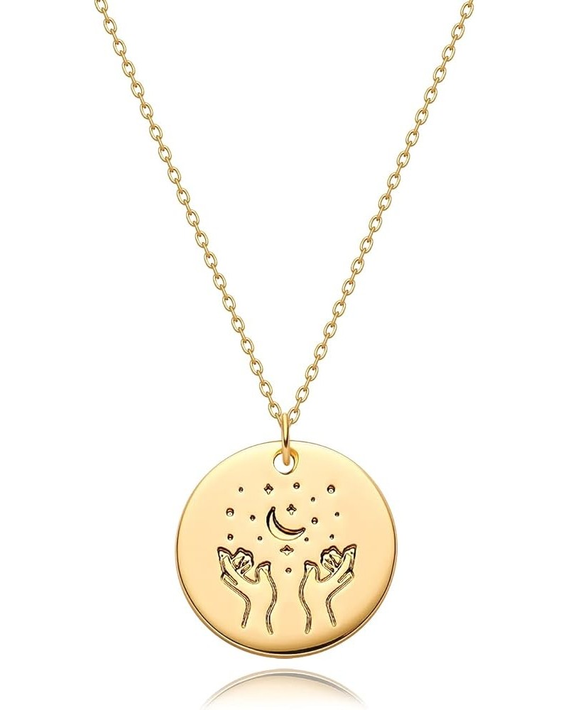 Women Gold Necklace Coin Disc Celestial Patterned Engraved Pendant 14K Gold Plated Simple Personalized Dainty Chain Jewelry G...