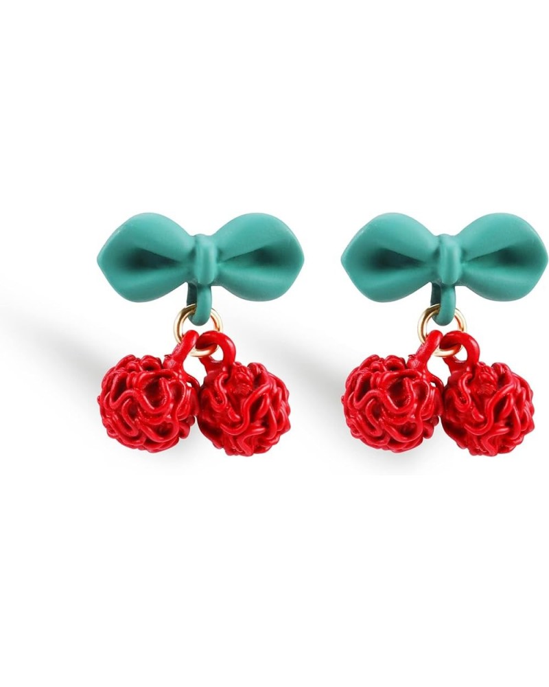 Cherry Fruit Earrings for Women and Girls, Cute Kawaii Creative Green Leaf 3D Red Dangle Clip On Drop Studs Cherry Earrings A...