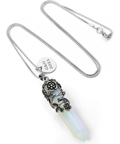 Antique Silver Flower Wrapped Natural Green Aventurine Healing Crystal Necklace Synthetic Opalite Engraving $7.27 Necklaces