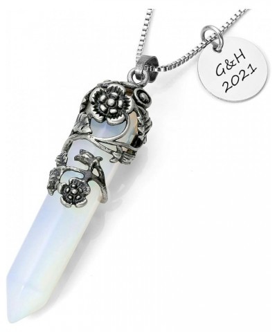 Antique Silver Flower Wrapped Natural Green Aventurine Healing Crystal Necklace Synthetic Opalite Engraving $7.27 Necklaces