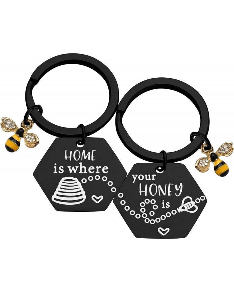 Matching Couples Keychains Honey Beehive Keychains Home is Where Your Honey Is Housewarming Couples Gift Your Honey is Black ...