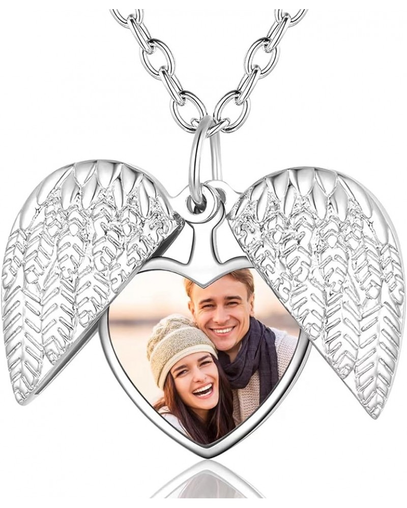 Custom Pictures Locket Necklace for Women, Personalized Engraved Sunflower/Angel Wings/Heart Shaped Memorial Lockets that Hol...