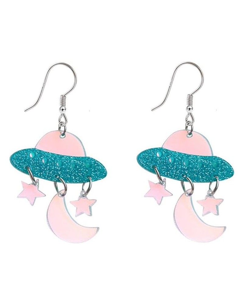 Exaggerated Acrylic UFO Dangle Earrings for Women Girls Funny Cute Big Blue Spaceship Aliens Moon Star Celestial Drop Danglin...